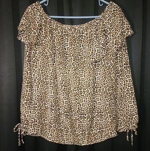 Michael Kors Lg Peasant Top Ruffle Blouse Animal Print Elastic 3/4 Sleeves Ties